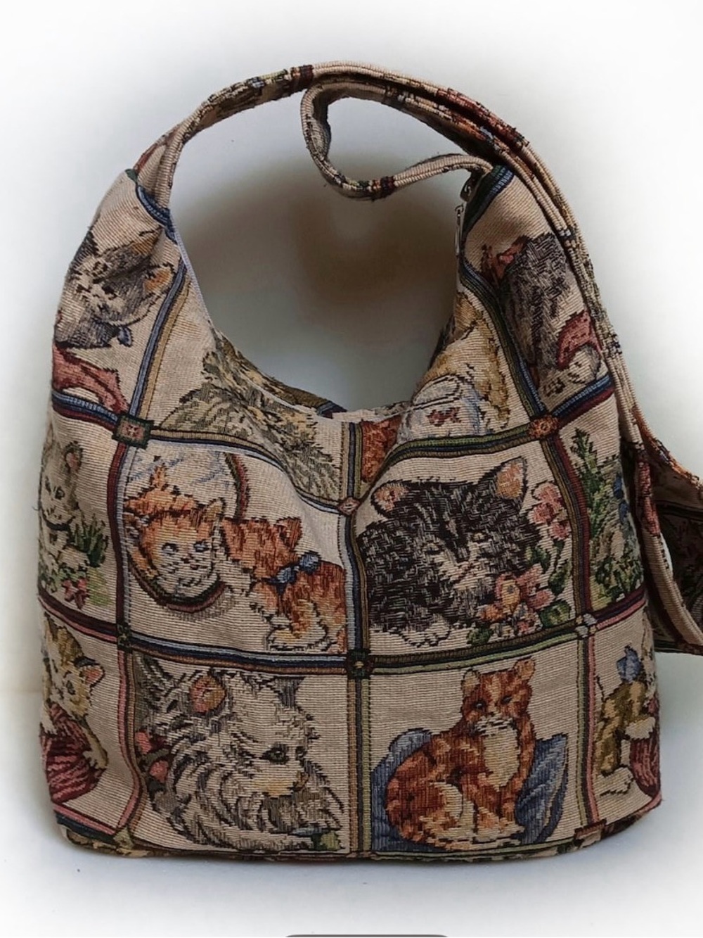 Vintage Handmade Tapestry Cat Patchwork Shoulder Bag - Multicolor
